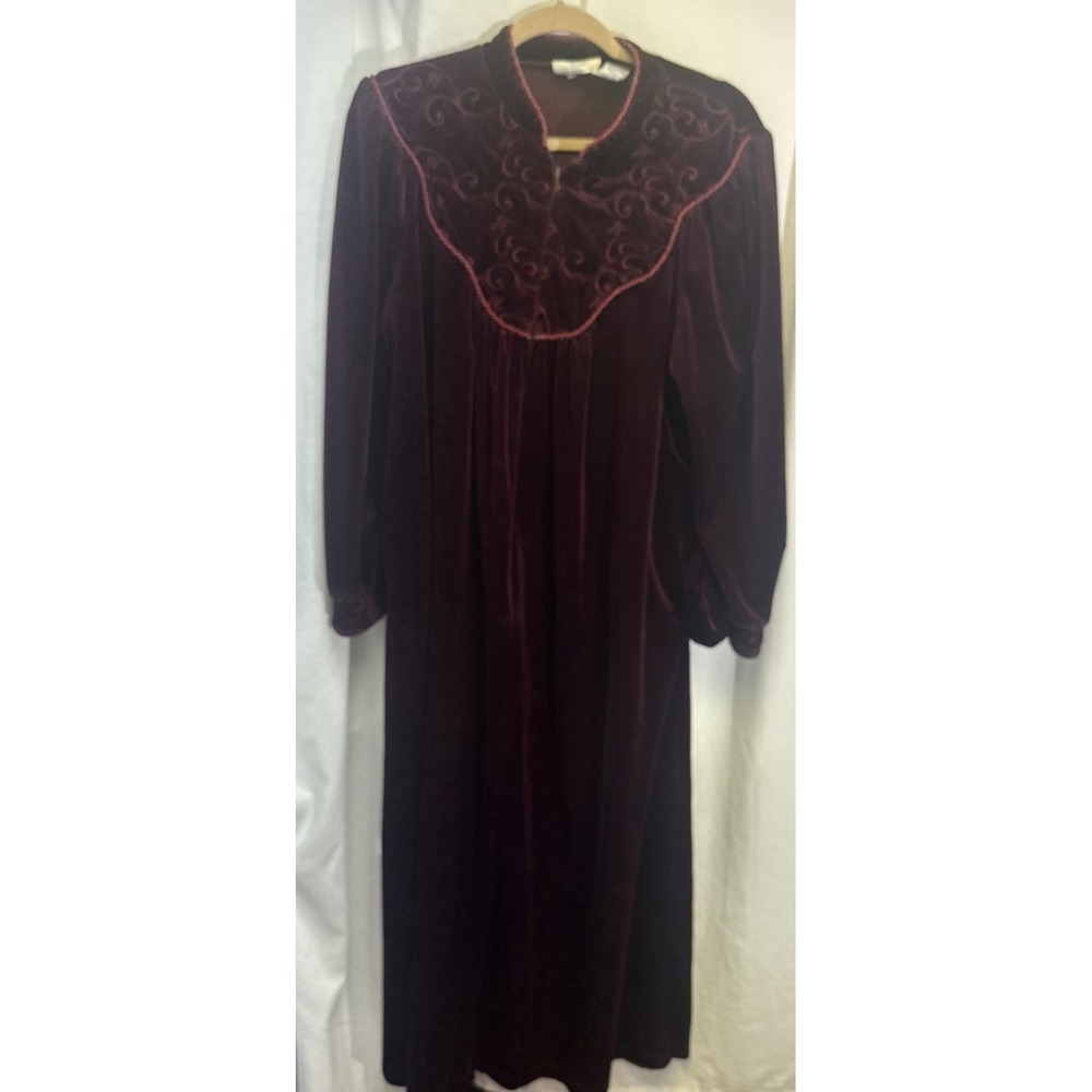 Vintage Jasmine Rose Womens Velour Robe Embroidered, burgundy Housecoat Lounger